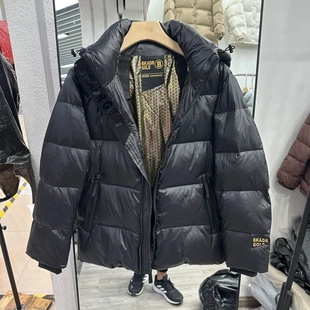 白鸭绒新款平湖黑金羽绒服短款时尚大方黑色印花加厚男女冬季外套