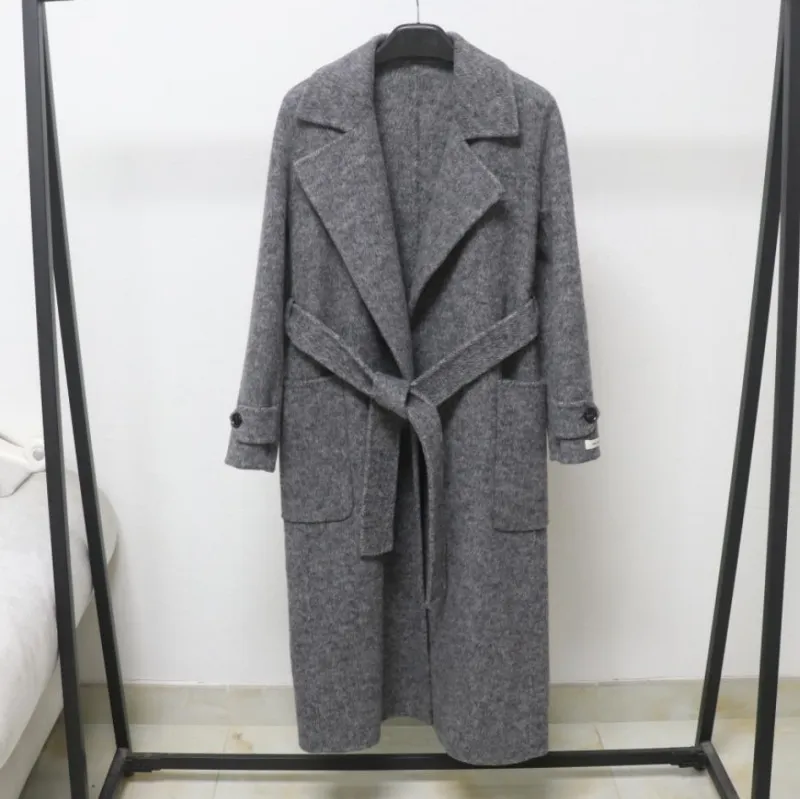 灰色双面羊毛大衣女长款修身收腰秋冬新款高级气质加厚羊毛呢外套