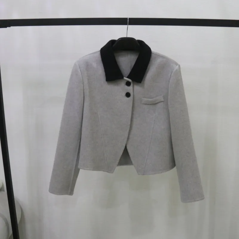 双面呢羊毛小西装 春秋新款设计款气质撞色领毛呢外套上衣女