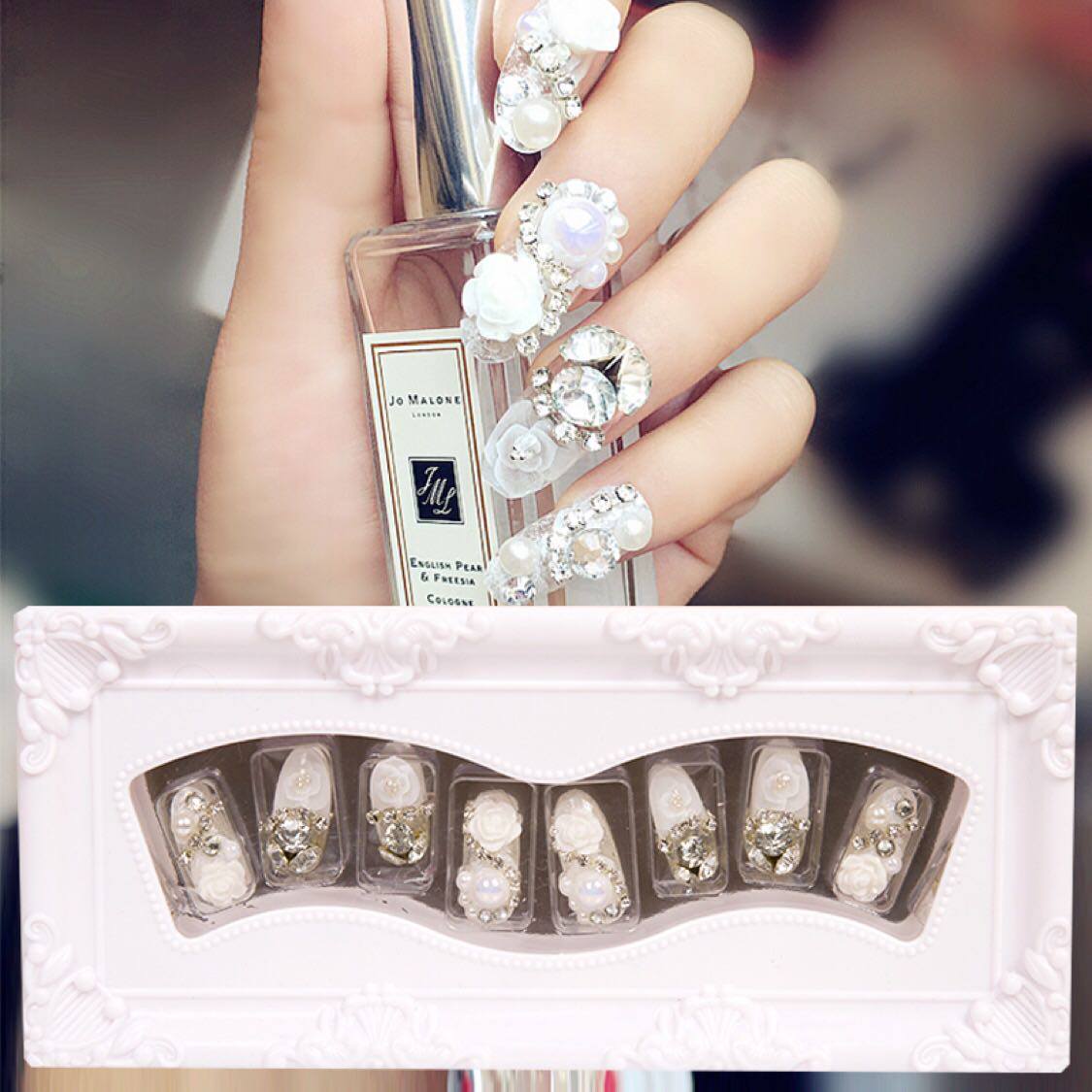 新娘假指甲成品大钻白花穿戴美甲可拆卸贴片背胶款24片包邮