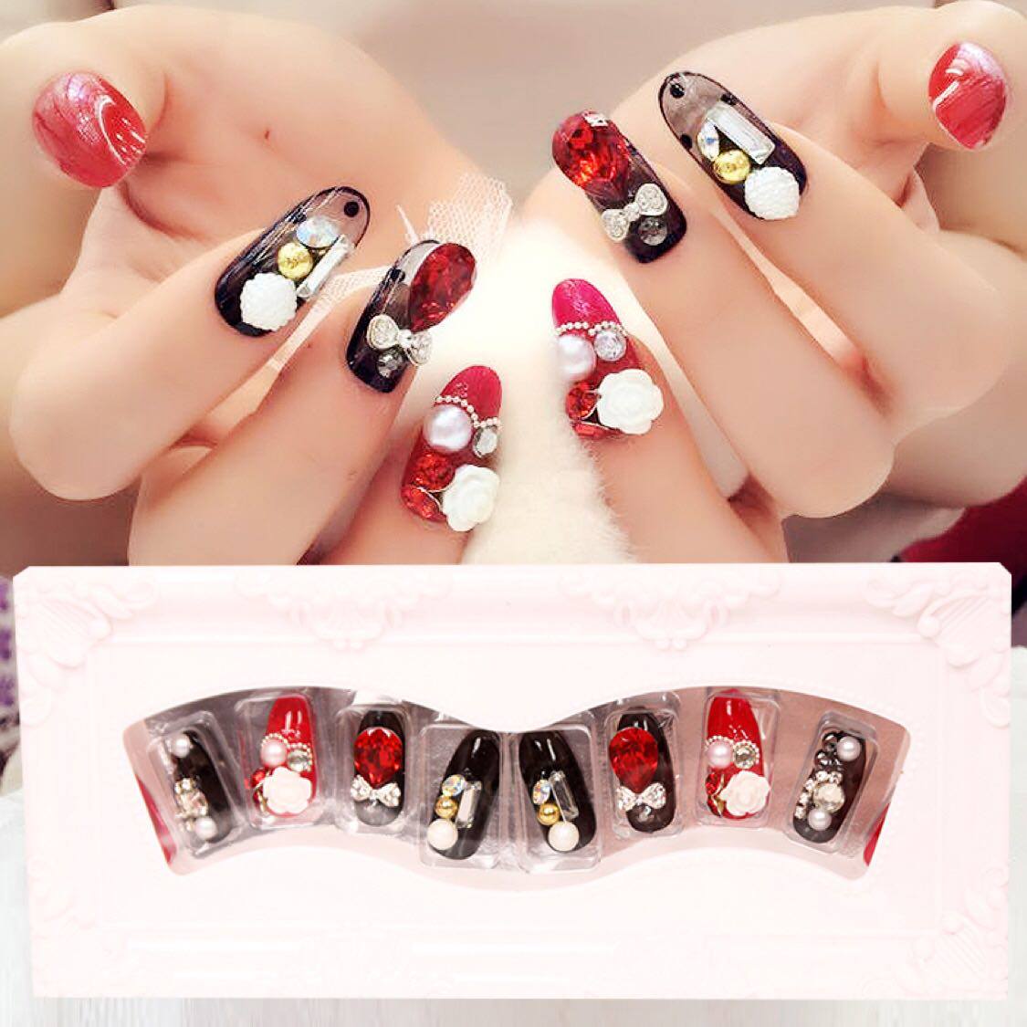 包邮新娘美甲贴片超美红宝石成品假指甲女指甲贴成品24片背胶款