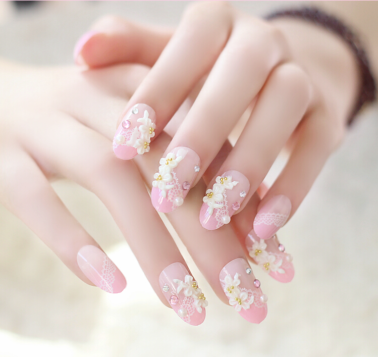 24片白蕾丝双花背胶款新娘成品美甲穿戴美甲可拆卸假指甲贴片包邮