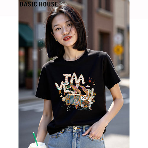 百家好黑色印花正肩短袖T恤女