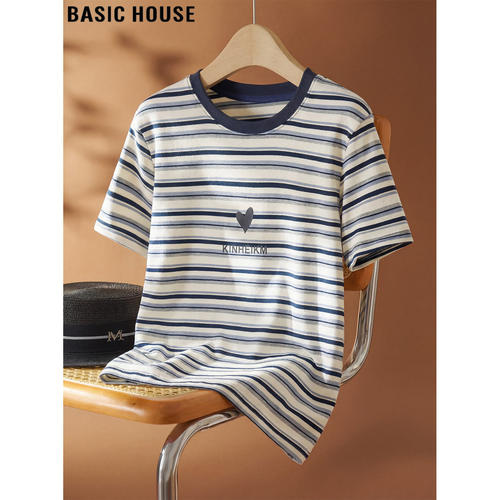 百家好藏青色条纹短袖T恤女