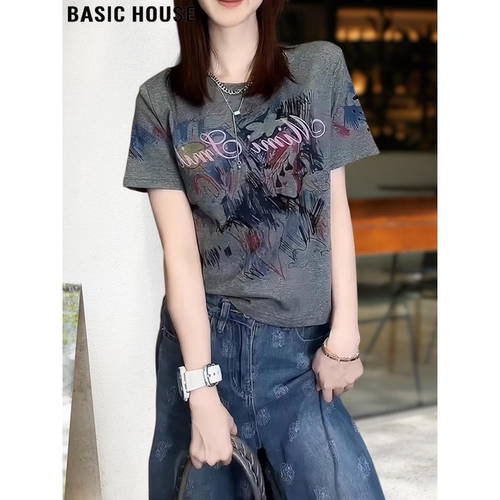 百家好时髦印花灰色短袖T恤女