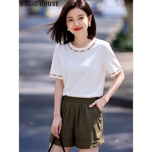 百家好白色刺绣短袖T恤正肩女