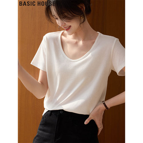 百家好白色莱赛尔宽松短袖T恤女