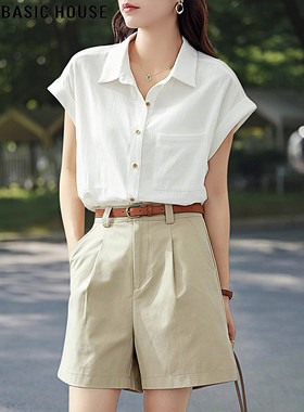 Basic House/百家好法式通勤职业白色短袖衬衫女夏季宽松叠穿衬衣