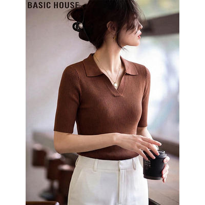 百家好咖啡色冰丝针织短袖T恤女