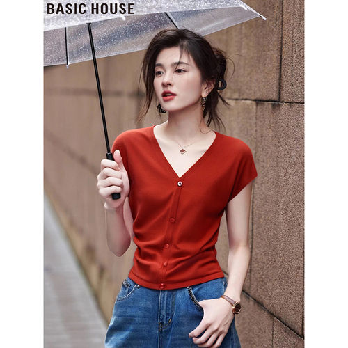 百家好红色V领短袖针织衫显瘦女