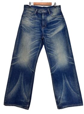 银壁虎秋冬新款怀旧中腰宽松阔腿裤 A字版型漂亮刷纹蓝色牛仔长裤