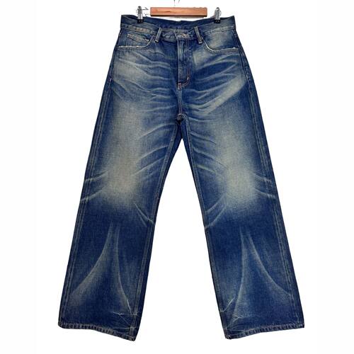 中腰宽松阔腿裤刷纹蓝色牛仔长裤