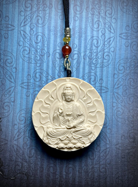 猛犸牙原色纯天然冰料纯肉圆牌双面雕刻经典莲花宝瓶观音挂件吊坠