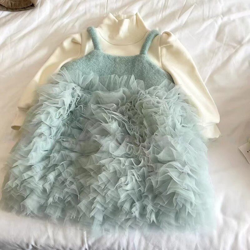 韩国童装女宝秋冬款裙子加厚保暖甜美高级感网纱礼服裙洋气连衣裙