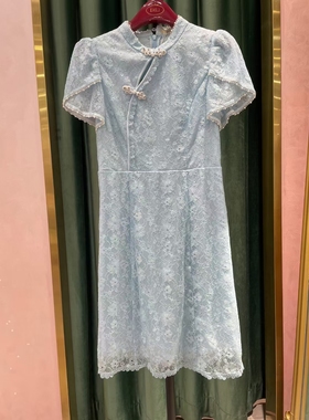 Dili迪骊专柜正品夏季新款女装 粉蓝蕾丝复古旗袍