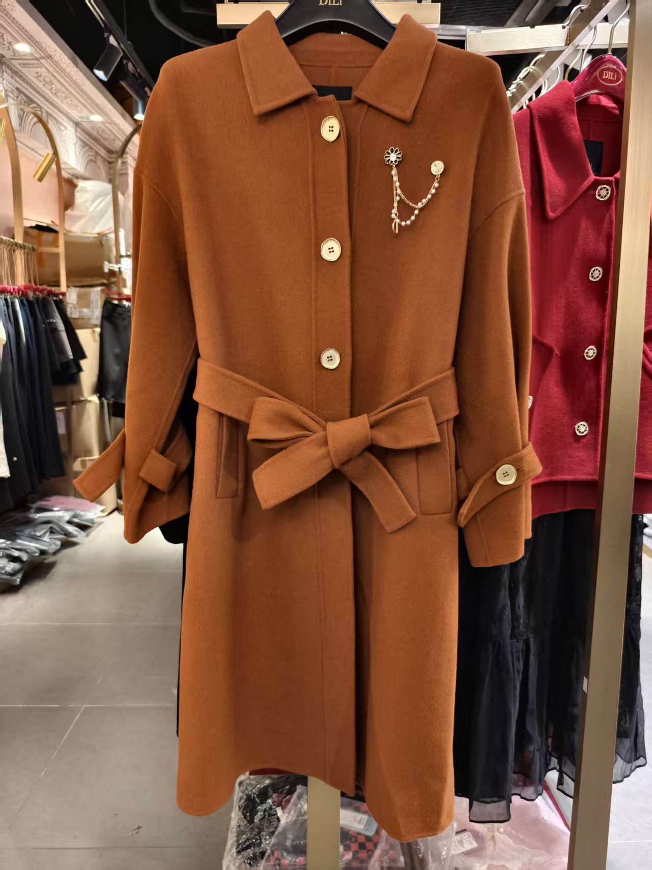 Dili迪骊正品春秋 25新款深卡其100%绵羊毛毛呢长款大衣外套