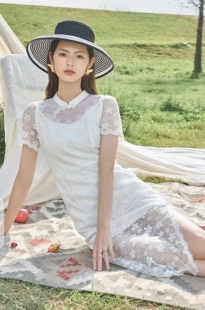 Dili迪骊专柜 夏季白色中式重工蕾丝旗袍淑女连衣裙L码 不退