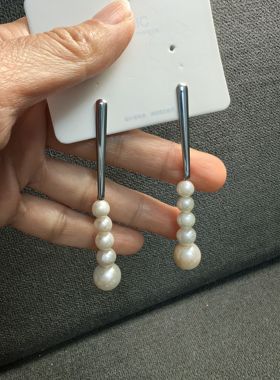 手工制作 10mm天然淡水珍珠长条耳钉  耳坠