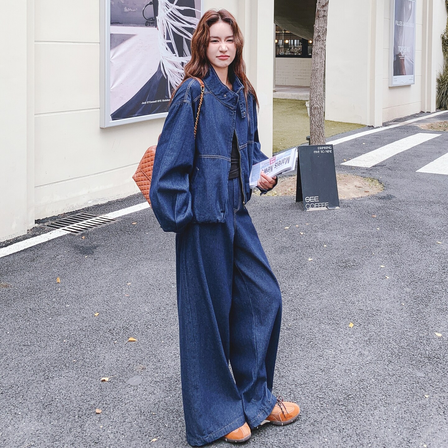 休闲减龄穿搭蓝色工装牛仔套装女2025年春秋超火好看阔腿裤两件套,女装套装/套裙,2C069