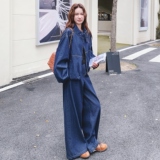 休闲减龄穿搭蓝色工装牛仔套装女2025年春秋超火好看阔腿裤两件套，女装套装/套裙，2C069
