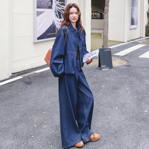 休闲减龄穿搭蓝色工装牛仔套装女2025年春秋超火好看阔腿裤两件套图片