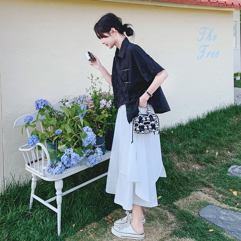 新中式国风衬衫不规则半身裙套装女夏2025新款复古显瘦爆款两件套,女装套装/套裙,2C069