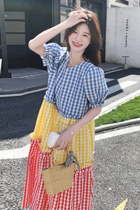 撞色拼接连衣裙夏季2025新款韩版洋气泡泡袖格子多巴胺短袖公主裙图片