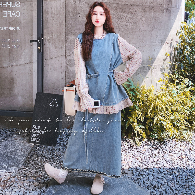 【大货】波点拼接假两件牛仔上衣+半身裙套装 F639-P175 K258图片