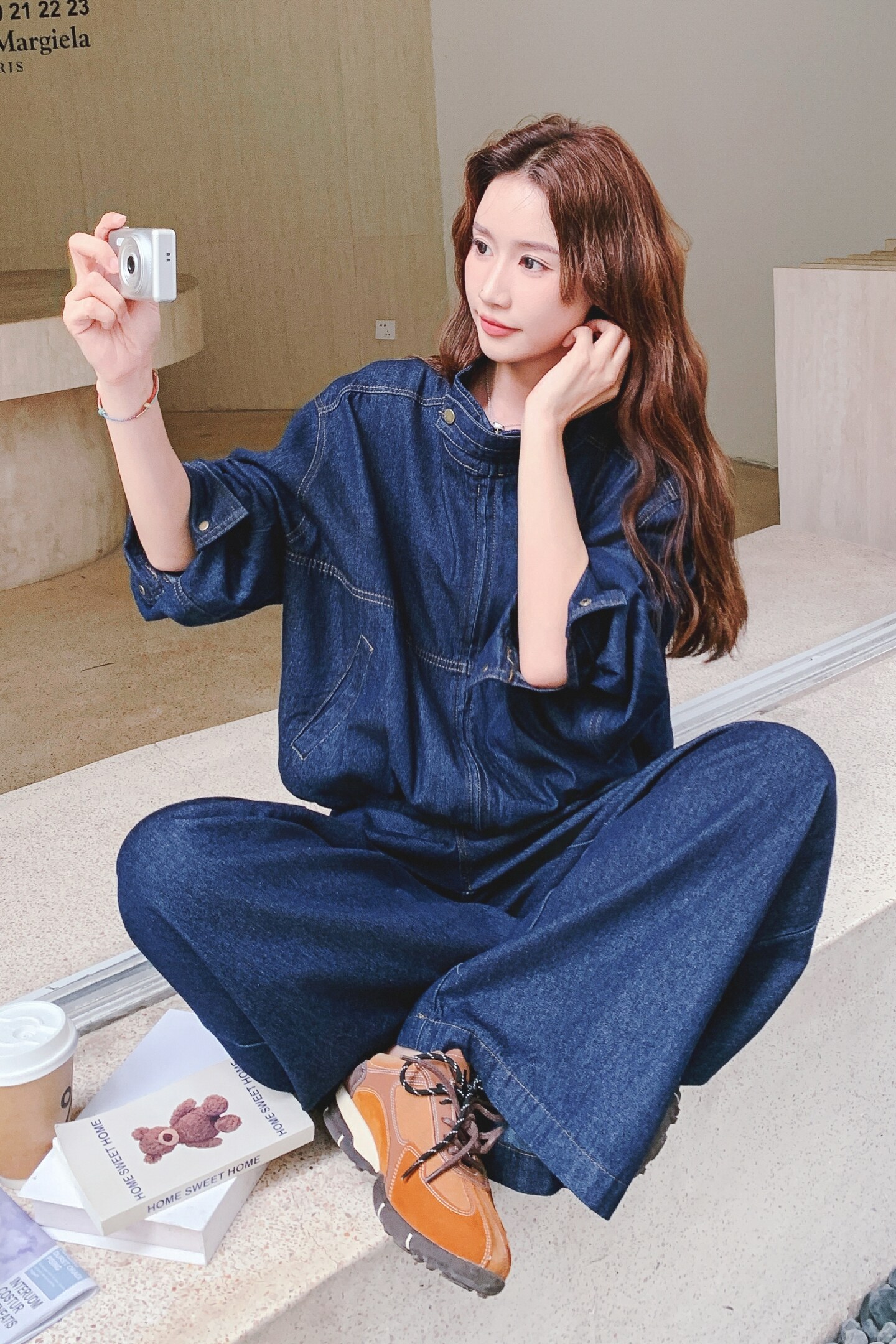 休闲减龄穿搭蓝色工装牛仔套装女2025年春秋超火好看阔腿裤两件套,女装套装/套裙,2C069