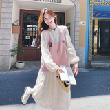奶甜系针织马甲连衣裙套装女2025秋新款学院风甜美减龄长裙两件套，女装套装/套裙，2C069