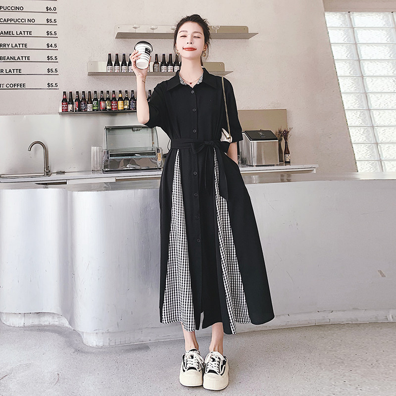 法式黑色下摆开叉拼接千鸟格连衣裙女2025新款夏季小众收腰连衣裙,女装连衣裙,2C069