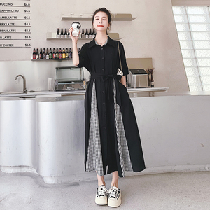 法式黑色下摆开叉拼接千鸟格连衣裙女2025新款夏季小众收腰连衣裙图片