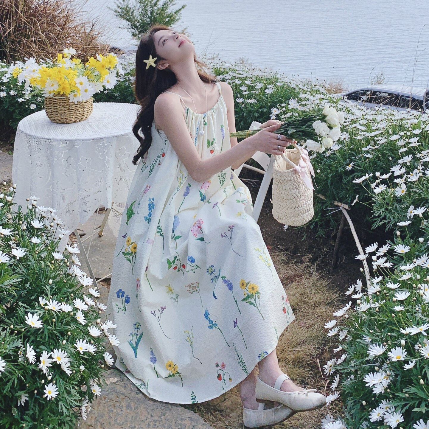 法式复古碎花吊带连衣裙女2025夏季新款超好看高级感度假风长裙,女装连衣裙,2C069