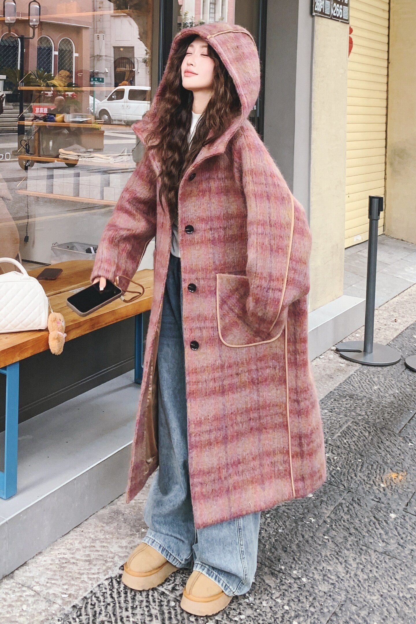韩版加厚复古连帽格纹呢子大衣女2025秋冬季新款宽松显瘦毛呢外套,女装毛呢外套,2C069