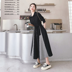 法式黑色下摆开叉拼接千鸟格连衣裙女2025新款夏季小众收腰连衣裙图片