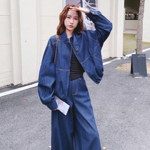 休闲减龄穿搭蓝色工装牛仔套装女2025年春秋超火好看阔腿裤两件套图片