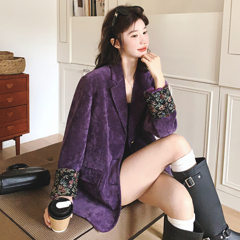 紫色复古灯芯绒小西装外套女秋装2025新款韩版显瘦设计感炸街西服,女装西装,2C069