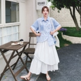 蓝色条纹衬衫套装裙女2025年夏季新款韩系减龄不规则半身裙两件套，女装套装/套裙，2C069