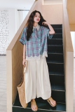 【】法式甜美蕾丝拼格纹衬衫+阔腿裤套装8977-P165K238，女装套装/套裙，2C069
