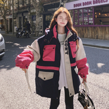 粉色撞色拼接工装羽绒服女2025冬季新款韩系设计感宽松白鸭绒外套，女装羽绒服，2C069