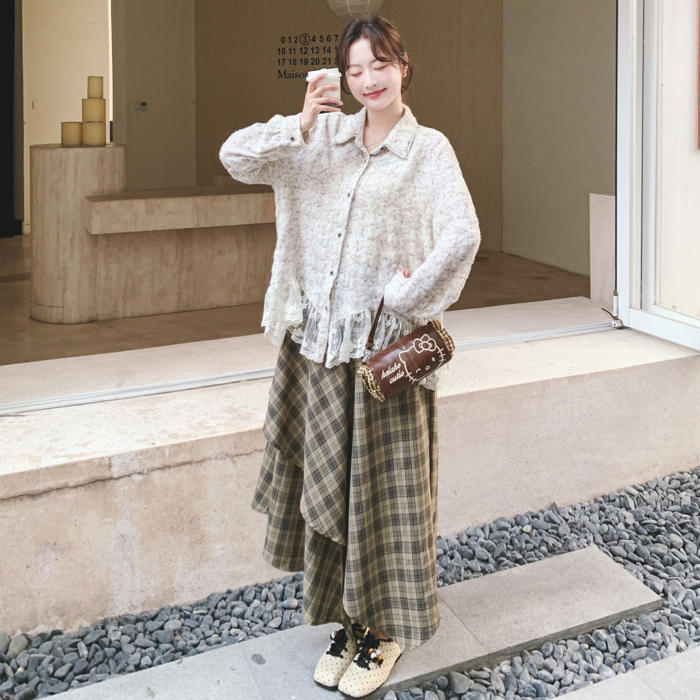 【】针织衬衫+格纹半身裙+不规则马甲3件套6099-P235K378,女装套装/套裙,2C069