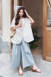 盐甜系宽松减龄波点短袖衬衫阔腿裤套装女2025夏新款小个子两件套，女装套装/套裙，2C069
