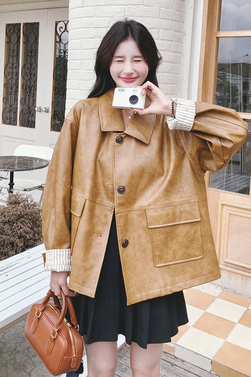 韩系复古美拉德皮衣外套女2025春秋季新款宽松显瘦时尚高级感上衣,女装皮衣,2C069