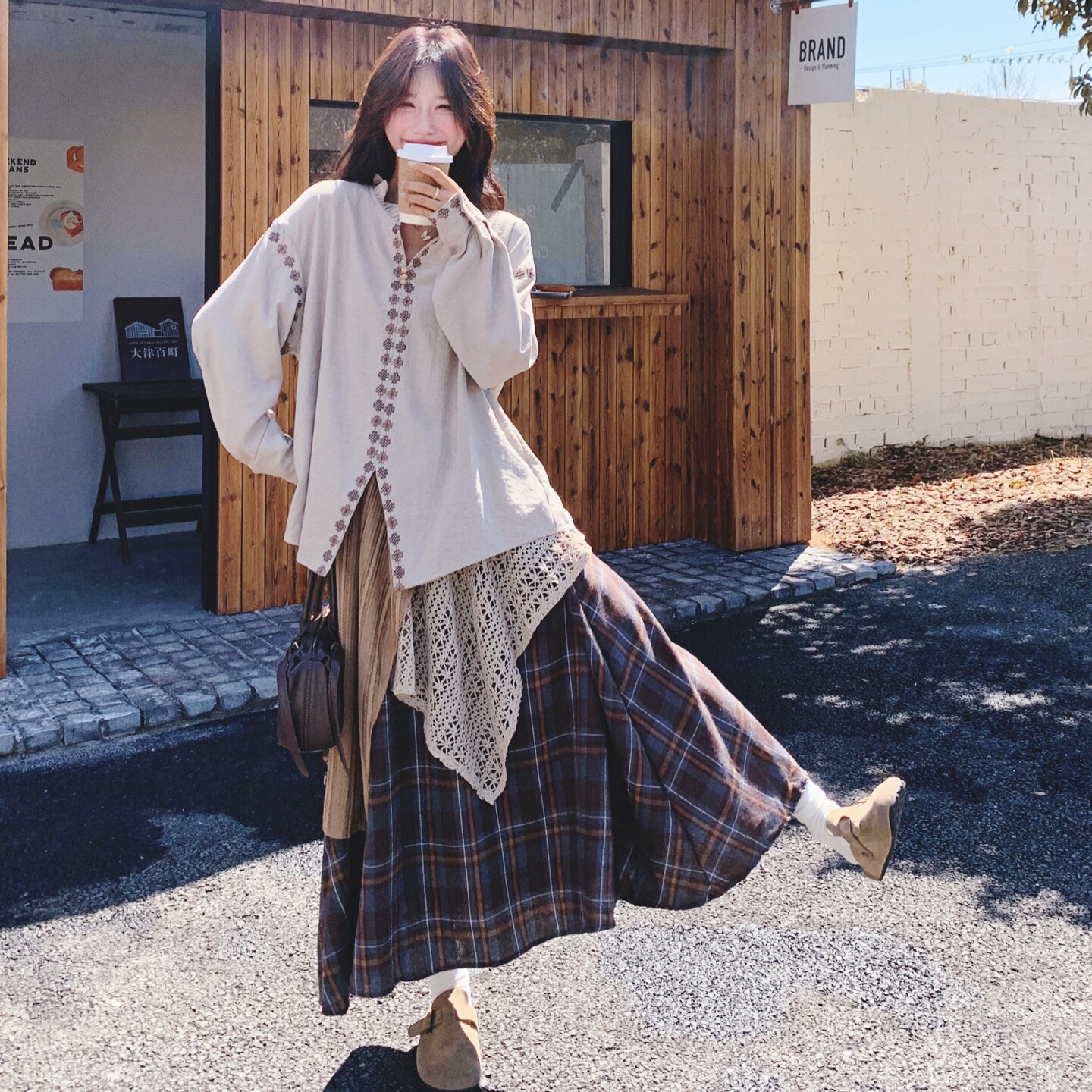 设计感不规则上衣格纹半身裙两件套女2025秋季新款复古文艺套装潮,女装套装/套裙,2C069