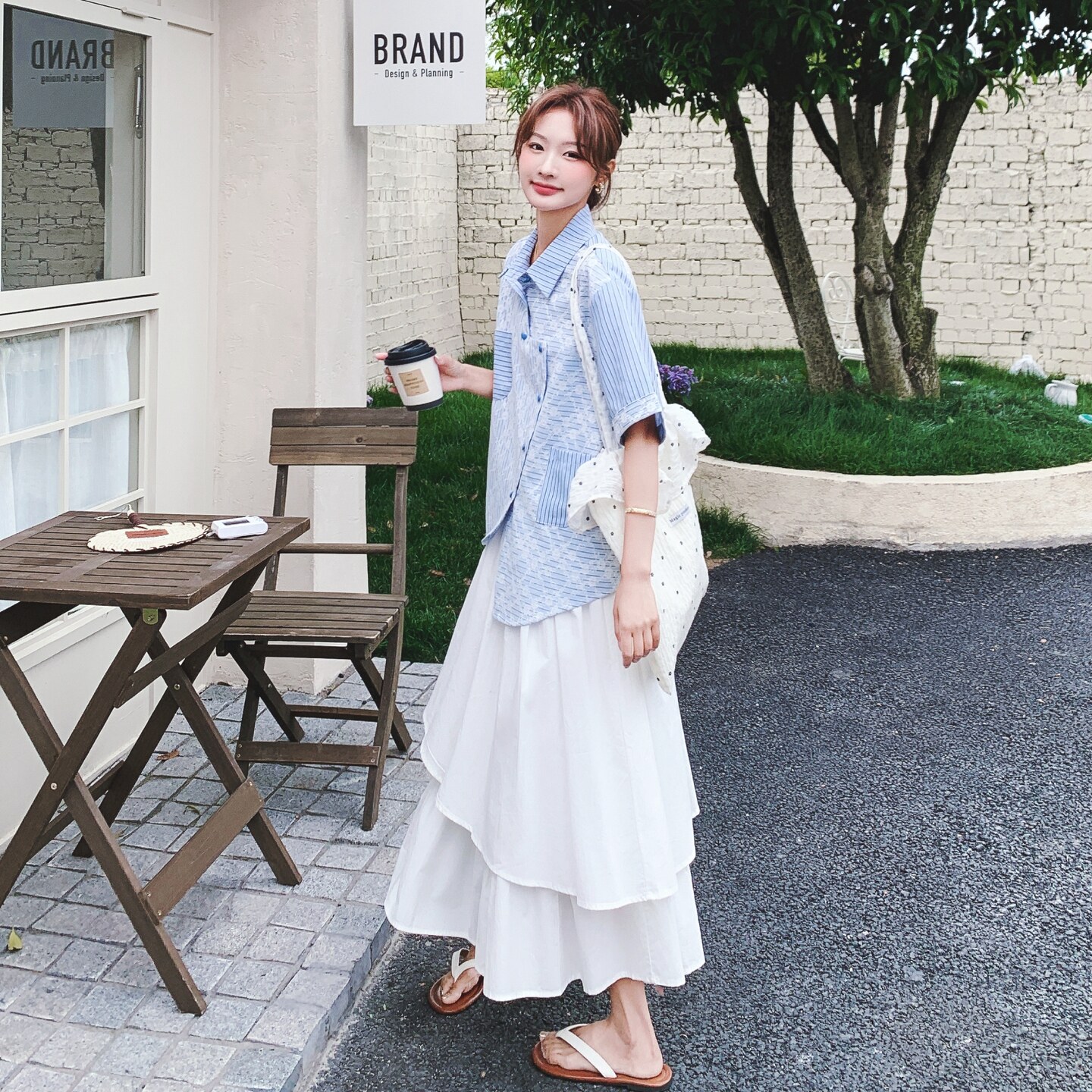 蓝色条纹衬衫套装裙女2025年夏季新款韩系减龄不规则半身裙两件套,女装套装/套裙,2C069