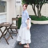 蓝色条纹衬衫套装裙女2025年夏季新款韩系减龄不规则半身裙两件套，女装套装/套裙，2C069