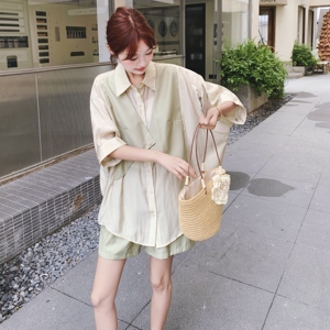 2025夏季新款韩版时尚气质百搭显瘦假两件衬衫高腰短裤两件套女潮图片