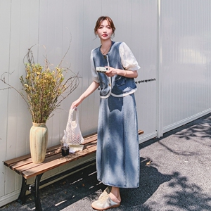 法式复古假两件牛仔拼接上衣套装女夏季新款气质显瘦半身裙两件套图片