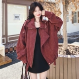 酒红色工装夹克外套女春秋2025新款宽松美式复古爆款大码上衣夹克，女装皮衣，2C069