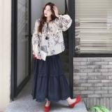 慵懒风复古印花圆领长袖衬衫女2025年秋季新款洋气半身裙两件套，女装套装/套裙，2C069